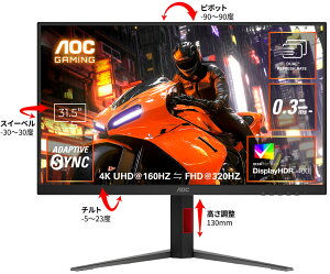 AOCbG[I[V[ Q[~OtfBXvC(32^/Fast IPS/4K 3840×2160/320Hz/1ms/HDR400/HDMI2.1/DP1.4/VESA)(ubN) U32G4/11