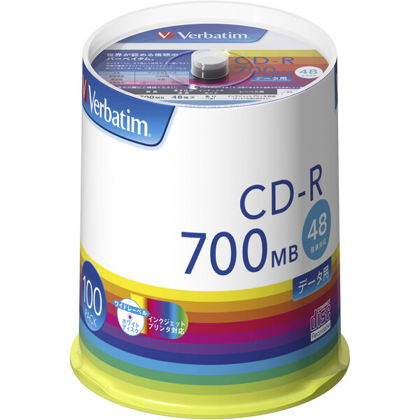 バーベイタム データ用48倍速対応CD-R 100枚パック700MB ホワイトプリンタブル Verbatim SR80FP100V1E 録画・録音用メディア 