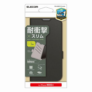 �G���R�� iPhone 16e�p �P�[�X ���U�[ �J�o�[ �蒠�^ �}�O�l�b�g �t���b�v �Ռ��z�� �X�g���b�v�z�[���t �X�^���h�@�\�t �J�[�h�P�[�X�@�\�t(�|�P�b�g×3)�i�u���b�N�j PM-A25SPLFY3BK