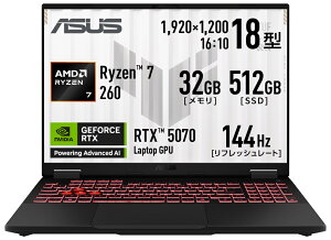 ASUSbGCX[X 18^ Q[~Om[gp\R ASUS TUF Gaming A18 (Ryzen 7/  32GB/ SSD 512GB/ GeForce RTX 5070)CF[K[O[ FA808UP-R7R5070