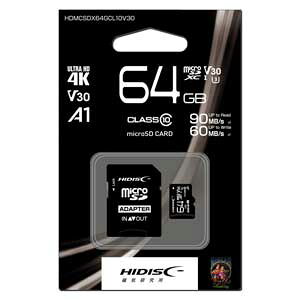HIDISC 4KΉ microSDXC[J[h 64GB Class10 UHS-I HDMCSDX64GCL10V30