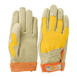 おたふく手袋 鹿革 マジック 甲メリ手袋 LL ベージュ×イエロー ウェーブカットグローブ 210761D-523 Wave Cut D-523