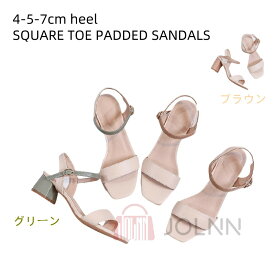 【10倍ポイント】スクエアトゥパデッドサンダル ストラップ 4-5-7センチヒール レディース 太ヒール チャンキーヒール アンクルストラップ シンプル サンダル