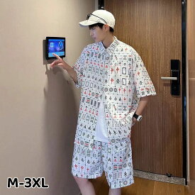 上下セット メンズ 半袖シャツ 麻雀シャツ 総柄 サマーシャツ 韓国風 カジュアルシャツ 麻雀プリント ゆったり ストリート ハンサム　マージャン　アロハシャツ