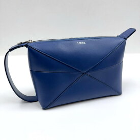 【中古】LOEWE ロエベ パズルフォルドウォッシュバッグ セカンドバッグ シャイニーカーフ レザー ブルー C510WBPX01