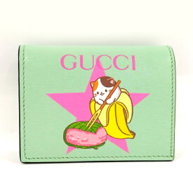 【中古】GUCCI 二つ折り 財布 ばなにゃ 桜餅 レザー グリーン 701009