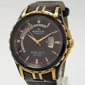 【中古】EDOX グランドオーシャン メンズ 腕時計 自動巻き SS レザー ブラウン文字盤 83006-357BRR