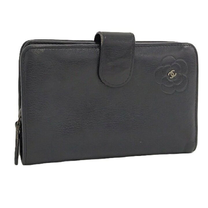 楽天市場】【中古】CHANEL カメリア 二つ折り財布 レザー ブラック 