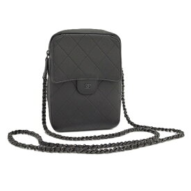 【中古】CHANEL フォンホルダー チェーンショルダー レザー ブラック