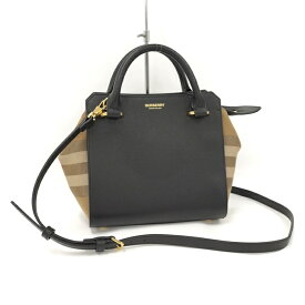 【中古】BURBERRY 2WAYハンドバッグ ミニ バンウェル レザー キャンバス ブラック ブラウン 80840241