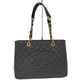 【中古】CHANEL GSTトートバッグ グランドショッピングトート チェーンバッグ マトラッセ キャビアスキン ブラック A50995