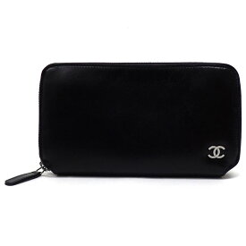 【中古】CHANEL ラウンドファスナー長財布 レザー ブラック×シルバー金具 11番8桁