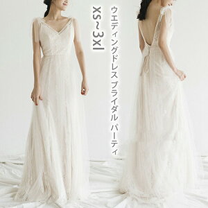 サラリと着こなす 少人数婚やフォトウエディングで人気のウェディングドレス デコルテラインが美しい 総レース ナチュラル 肩リボン ホワイト Aライン Vネック ノースリーブ 結婚式 花嫁