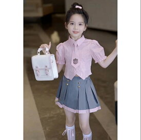 【3点セット】制服セット シャツ＋スカート＋ネクタイ付き キッズ 女の子 セットアップ ピンク 可愛い 夏服 上下2点セット 半袖＆ショートパンツ 涼しい 綿素材 おしゃれ 部屋着 ルームウェア カジュアル 子供服