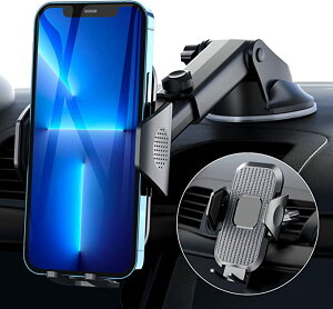スマホホルダー 車載ホルダー 片手操作 2in1 粘着ゲル吸盤 スマホホルダーエアコン吹き出し口式 全車種対応 スマホスタンド 車 携帯ホルダー iphone 取り付け簡単 360度回転 伸縮可能なアーム