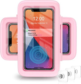 防水ケース 風呂 スマホスタンド 防水 壁掛けスマホスタンド 携帯 防水ケース シャワー電話ホルダー 防水 480°回転 お風呂スマホホルダー シャワー電話ケース HD タッチスクリーン壁マウント 最大6.8インチ iPhone 11 12 Pro XR XS MAX Samsung Galaxy S21用 ピンク