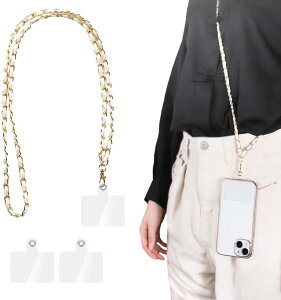 スマホストラップ ネックストラップ チェーン 携帯ストラップ 首掛け 肩掛けストラップ 金属 レザー 紛失防止 落下防止 忘れ物防止 タグパッチ2枚入り ホワイト