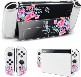 nintendo switch有機ELモデル対応カバー ニンテンドー スイッチ ケース クリアケース 分離式カバー TPU素材 透明スイッチ有機elモデルカバー 超軽量 耐衝撃 傷つけ防止 全面保護 取り外し簡単 押し花 可愛い ピンク花