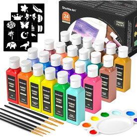 【新生活応援SALE★10%OFF】Shuttle Art 布用絵の具 24色セット 60ml 布絵の具 布描き絵の具 メタリックカラー ウォッシャブル 洗っても落ちない ファブリックペイント ペイントブラシ?ステンシル?パレット付き 速乾 耐久 シャツ かばん スニーカー イラスト DIY プレゼント