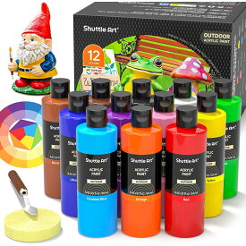 【送料無料】屋外用アクリル絵具 12色セット 250ml 大容量 絵の具セット 防水 日焼け防止 ペイントナイフ スポンジ付き 伸びがいい 鮮やか 岩石/木材/壁/クラフト/ガーデン像/シャッター/立て看板に描ける DIY ボトル 美術 画材 宿題 初心者 専門家