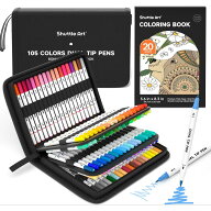 【送料無料】Shuttle Art 筆ペン 水彩毛筆 アートマーカーペン 105色セット 塗り絵1冊付き マーカーペン …