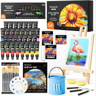 【送料無料】Shuttle Art アクリル絵の具 54点セット 30色絵の具セット 木製イーゼル キャンバスボード …