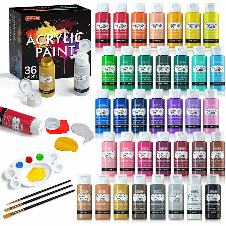 楽天市場 絶賛の36色絵具セット 送料無料 アクリル絵の具 アクリル顔料 36色セット メタリック色 速乾 防水 耐久 60ml パレット ブラシ付き 布 ガラス 陶器に描ける 子供用 イラスト 塗り絵 クラフト 手作り 美術 画材 宿題 初心者 専門家 Jming