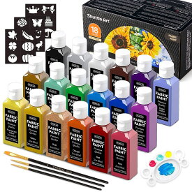 【送料無料】布用絵の具 18色セット 60ml メタリックカラー 布えのぐ 布描き絵の具 洗っても落ちない ファブリックペイント ペイントブラシ ステンシル パレット付き 速乾 耐久 Tシャツ かばん スニーカー 子供 イラスト 塗り絵 クラフト 画材