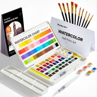 【送料無料】固形水彩 48~128色セット 固体水彩絵の具 ハーフパン ペイントブラシ 水筆ペン 水彩紙 パレ…