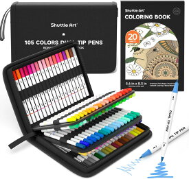【送料無料】筆ペン 水彩毛筆 アートマーカーペン 105色セット 塗り絵1冊付き マーカーペン 水彩 筆ペン ツインマーカー 水性 ブラシペン 細字ペン 耐水 速乾 イラスト スケッチ 落書き コミック 漫画 アート専門 子供 ケース付き カリグラフィー