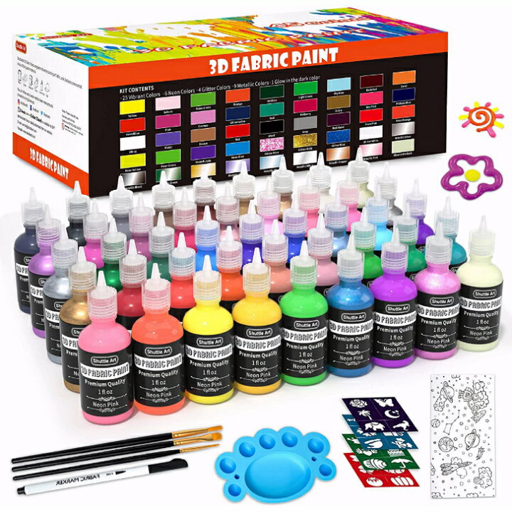 楽天市場 送料無料 布に立体的に描ける絵の具 3d絵の具 45色セット 30ml 洗っても落ちない 布用絵の具 布えのぐ メタリック色 ファブリックペイント ペイントブラシ ステンシル付き イラスト 落書き Tシャツ カンバス お絵かきセット 子供 初心者 Jming