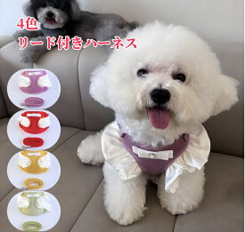 【在庫処分】犬服 ドッグウェア リード付きハーネス 2点セット 4色可愛い オシャレ オールシーズン対応 フリフリ袖 重ね着 柔らかい おもしろい 可愛い 丈夫で安心 お出かけ 楽しい 1000円ポッキリ