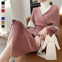 【最大75％OFF クリアランスセール開催中！】ワンピース 長袖 ニットワンピース タイト カシュクール風 Vネック ロング リブ 無地 セクシー レディース フリーサイズ JOCOSA 9238