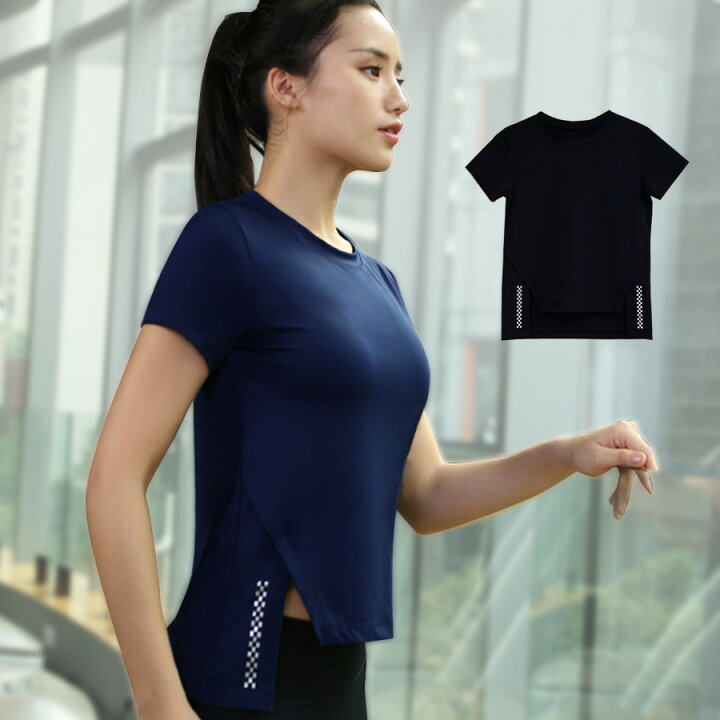 楽天市場 スポーツウェア レディース Tシャツ スリット トップス チェッカーフラッグ柄 市松模様 肌見せ ロゴ アシンメトリー ランニングウェア トレーニング フィットネス ヨガ ピラティス ジム 韓国 韓流 S M L Xl おしゃれ セクシー かわいい ブラック 黒 ネイビー 紺