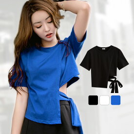 Tシャツ レディース 半袖 リボン アシンメトリー サイド開き 肌見せ 春 夏 トップス 無地 綿 セクシー コットン カットソー 薄手 カジュアル ブラック ホワイト ブルー黒 白 青 JOCOSA 8964 即納