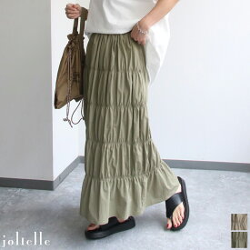ウエストドロストナイロンティアードスカート 軽い シワになりにくい ポケット付き 裏地付き ウエスト調整 春夏 カジュアル フレアシルエット Aライン ギャザースカート ウエストゴム 楽ちん ドロスト M L LL ゆったり サマーセール