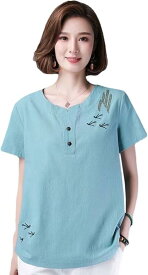 トップス 夏服 レディース ママ インナー Tシャツ 無地 ボタン付き 刺繍 綿麻 プリント カジュアル キレイめ 着痩せ 三分袖 柔らかい オシャレ ゆったり 体型カバー 100％コットン クルーネ