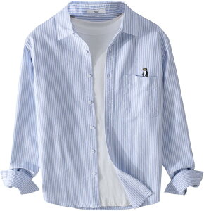 カジュアルシャツ シャツ メンズ ストライプシャツ ワークシャツ 大きいサイズ 開襟 長袖 和風 レトロ ペンギン刺繍 通気 ?量 ゆったり 春秋 耐摩耗 肌触りがいい ストリート 日常 旅行 通学