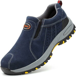 作業靴セーフティーシューズスリッポンサイドゴアメンズつま先保護先芯入りプロテクター履きやすいクッション性裸足へ穴あき通気性撥水加工耐滑絶縁踏み抜き防止工事現場ネイビーブラ