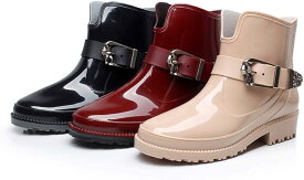 レインシューズ雨靴レディースレインブーツおしゃれストリート美脚ストラップローヒールエンジニアシューズお出かけワインピンク