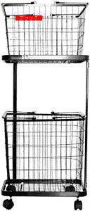 ランドリーバスケット キャスター付き 2段 収納ラック 洗濯かご ランドリー収納 洗濯物入れ バスケット スチール 大容量 持ち手付き 脱衣かご 洗面所 ブラック 新生活 収納用品 zk-rb02-b