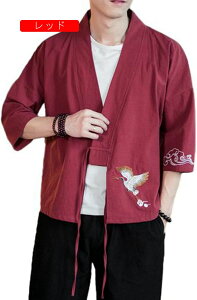 刺繍 鶴柄 和式パーカー メンズ 夏用 七分袖 和風シャツ 甚平 羽織り トップス ゆったり 日焼け止め コート 大きいサイズ ストリート系 薄手 クーラー対策 ジャケット 夏祭り