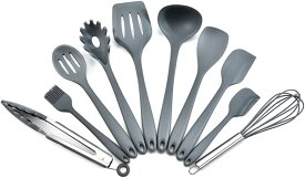キッチンツールセット シリコン 調理器具 製菓器具 ツール10点セットフライ返し おたま トング ヘラ トング 泡立て器 ブラシ スパチュラ パスタサーバー レードル ターナー スプーン (グレー)