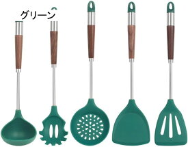 キッチンツールセット ホームキッチンスパチュラスープスプーンセット調理器具木製シリコン 製菓器具 台所用品(色:Black)