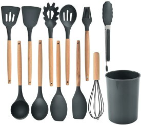 キッチンツール 調理用品 製菓器具 台所用品 シリコン製調理器具セット 12点セット 収納付き 耐熱性 ホルダー付き BPAフリー 木製ハンドル キッチン用品セット フライ返し お玉杓子 スプーン 泡