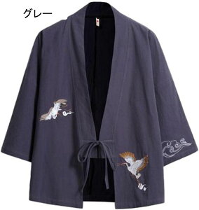 刺繍 鶴柄 和式パーカー メンズ 夏用 七分袖 和風シャツ 甚平 羽織り トップス ゆったり 日焼け止め コート 大きいサイズ ストリート系 薄手 クーラー対策 ジャケット 夏祭り