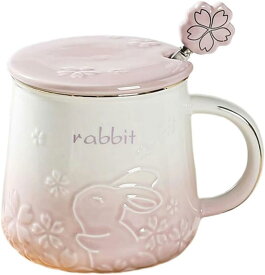 コーヒーカップ セラミック パープル 兎柄 浮彫 可愛い マグカップ スプーン 蓋付き 保温 耐熱 耐冷 電子レンジ?食洗器対応 洗いやすい 食器 ティーカップ コーヒー お茶 牛乳 女性 記念日 贈