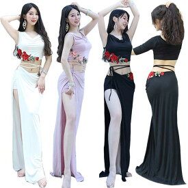 ベリーダンス 衣装 セット 袖 2タイプ トップス スリット入り スカート 2点セット ベリーダンス レッスン着 練習着 衣装 セットアップ ダンス 衣装 ステージ衣装 社交ダンス レッスンウェア レディース 仮装 余興 コスチューム