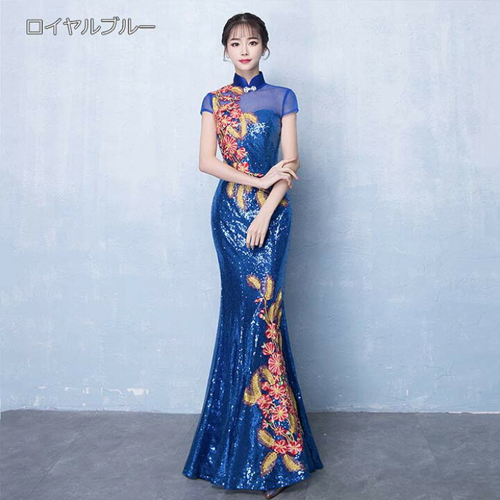 楽天市場】チャイナドレス ロング丈 花柄 パーティードレス マーメイド 