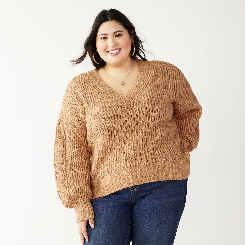 SO Vネック スリーブ トレーナー 【 Plus Size V-neck Tunic Cable-knit Sleeve Sweater 】 Tahu Tanのサムネイル